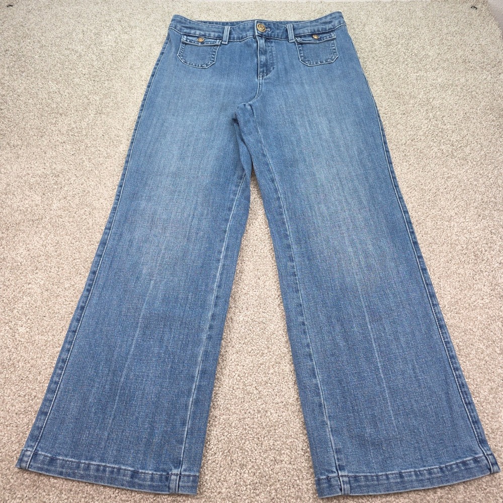 Talbots Classic Jean Trouser Womens 10 Blue Denim Wide Leg Gold Crest Button